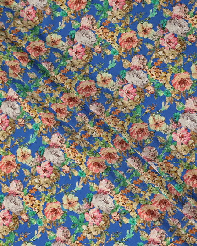 Blue Floral Pure Silk Crepe Fabric 110cm - 1328331