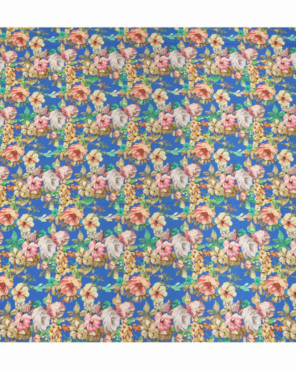 Blue Floral Pure Silk Crepe Fabric 110cm - 1328331
