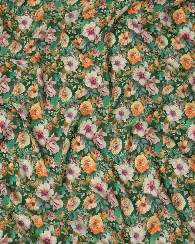 Green Floral Pure Silk Crepe Fabric 110cm - 1328348