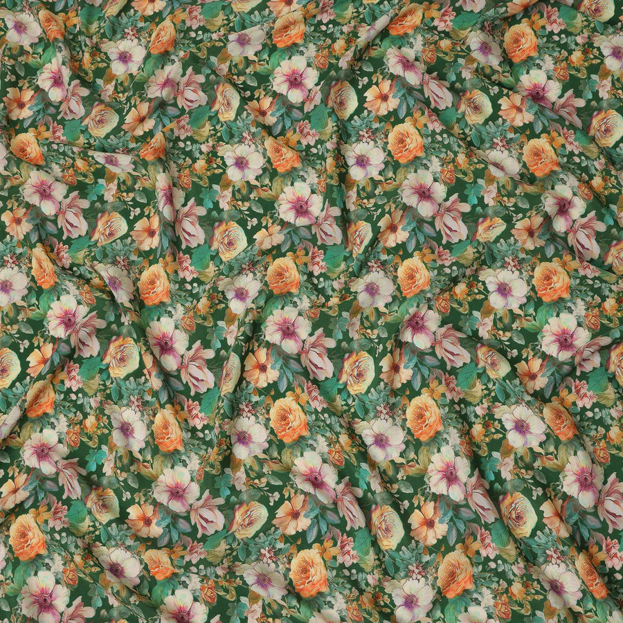 Green Floral Pure Silk Crepe Fabric 110cm - 1328348