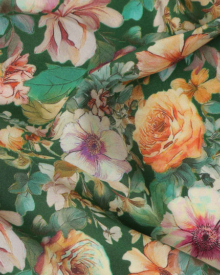 Green Floral Pure Silk Crepe Fabric 110cm - 1328348