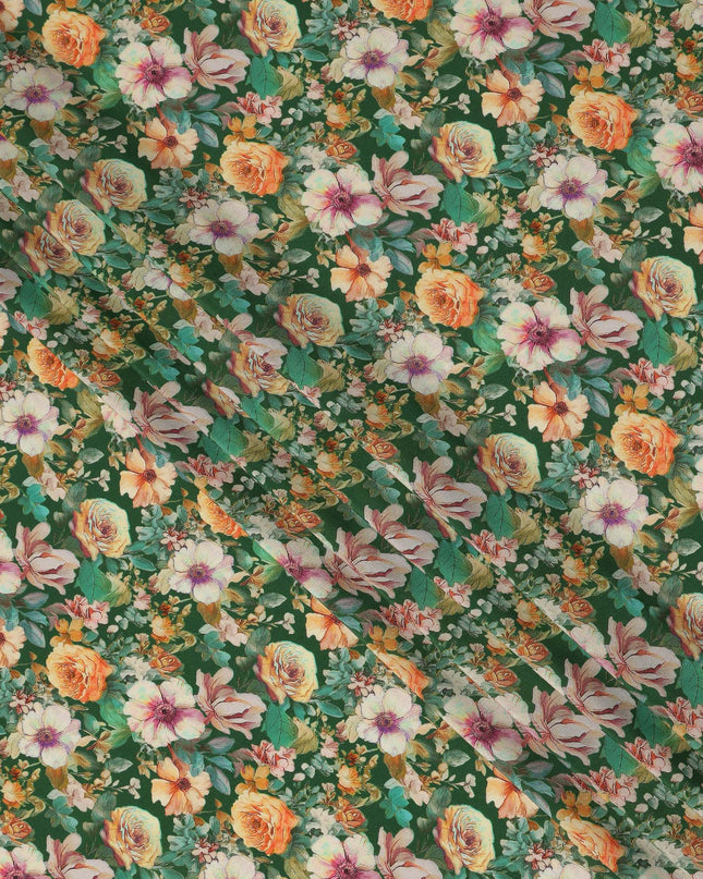 Green Floral Pure Silk Crepe Fabric 110cm - 1328348
