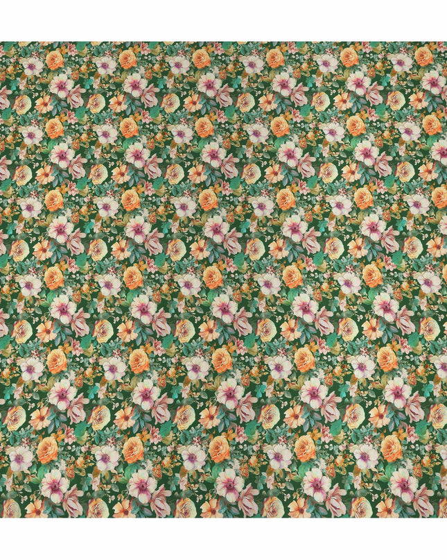 Green Floral Pure Silk Crepe Fabric 110cm - 1328348
