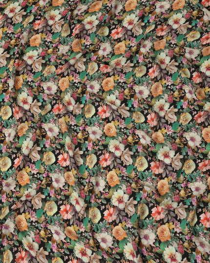 Black Floral Pure Silk Crepe Fabric 110cm - 1328355