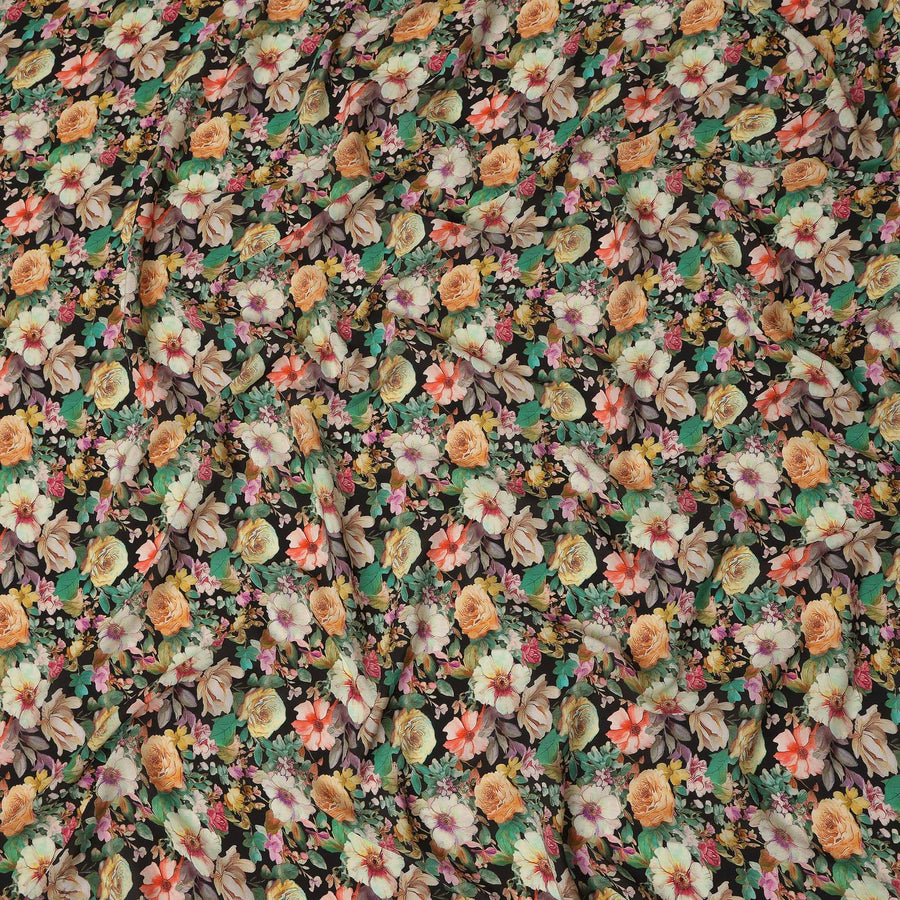 Black Floral Pure Silk Crepe Fabric 110cm - 1328355