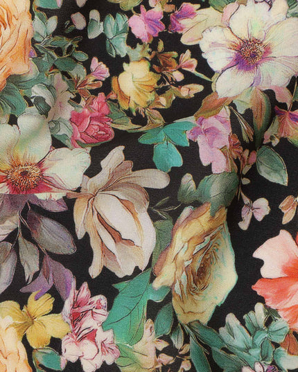 Black Floral Pure Silk Crepe Fabric 110cm - 1328355
