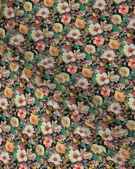 Black Floral Pure Silk Crepe Fabric 110cm - 1328355