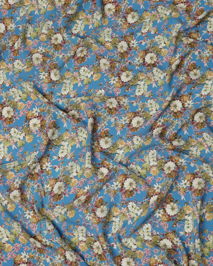 Blue Floral Printed Silk Crepe Fabric Soft Lightweight Breathable Material for Dressmaking Sewing Apparel Craft Use 110 Cms Width India Origin-D27292 Regal Fabrics