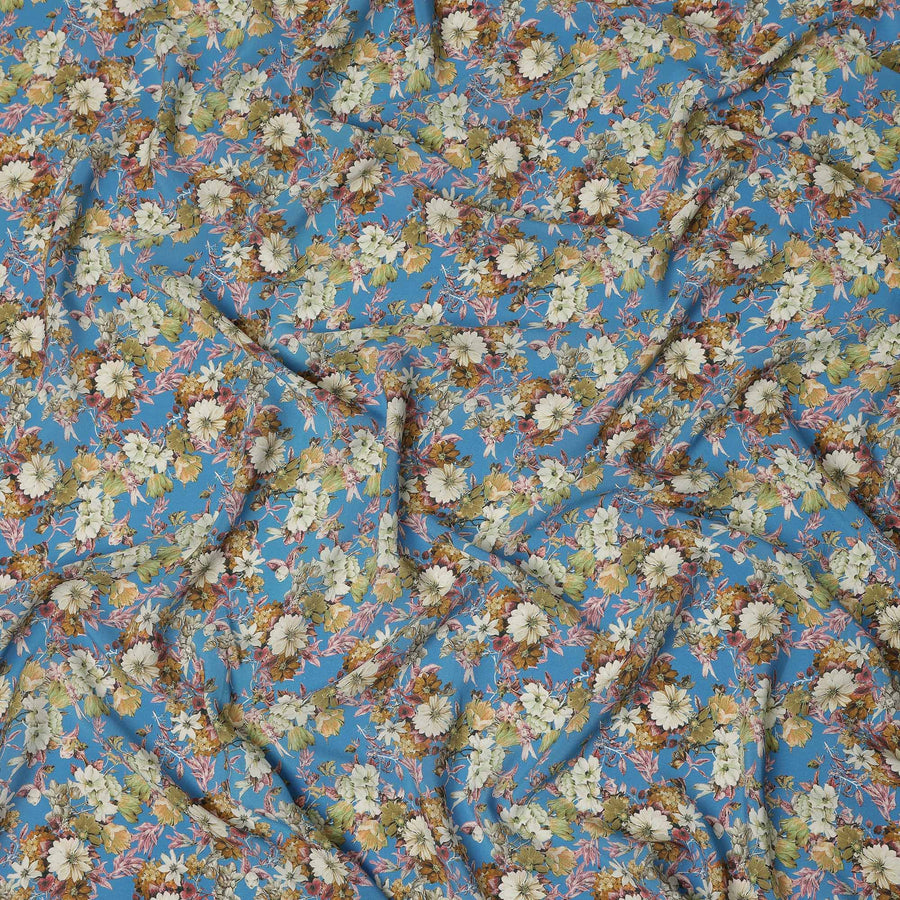 Blue Floral Printed Silk Crepe Fabric Soft Lightweight Breathable Material for Dressmaking Sewing Apparel Craft Use 110 Cms Width India Origin-D27292 Regal Fabrics