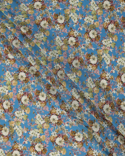 Blue Floral Printed Silk Crepe Fabric Soft Lightweight Breathable Material for Dressmaking Sewing Apparel Craft Use 110 Cms Width India Origin-D27292 Regal Fabrics