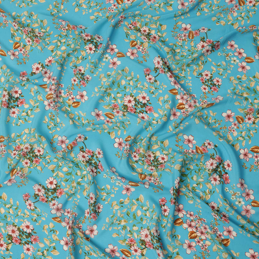 Blue Floral Printed Silk Crepe Fabric Soft Lightweight Breathable Material for Dressmaking Crafting Sewing Apparel 110 Cms Width India Origin-D27286 - Regal Fabrics