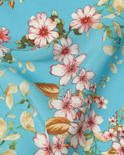 Blue Floral Printed Silk Crepe Fabric Soft Lightweight Breathable Material for Dressmaking Crafting Sewing Apparel 110 Cms Width India Origin-D27286 - Regal Fabrics