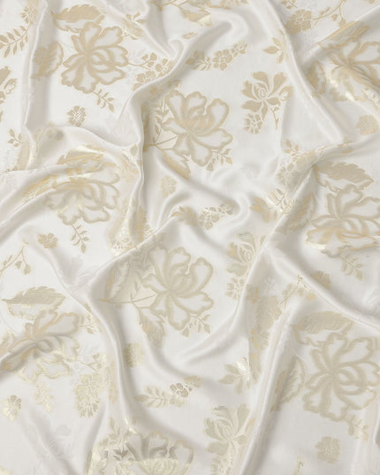Ivory White Premium Pure silk Satin Fabric with Jacquard metallic, 110 Cms, India-D26906