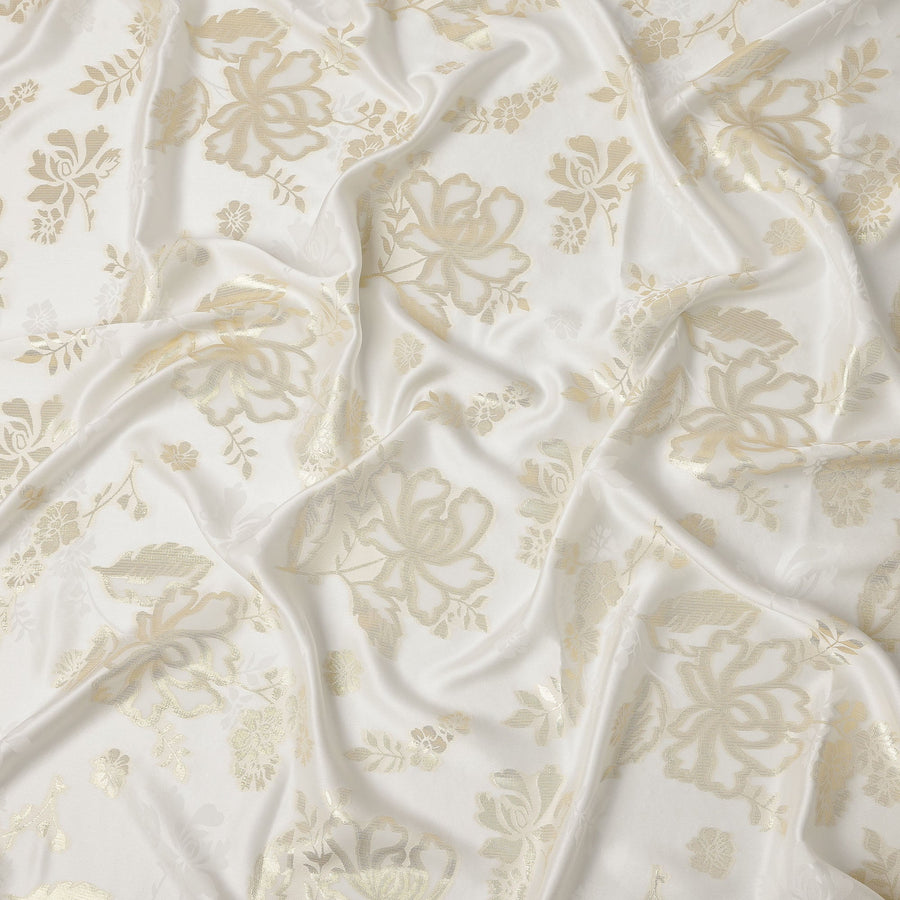 Ivory White Premium Pure silk Satin Fabric with Jacquard metallic, 110 Cms, India-D26906
