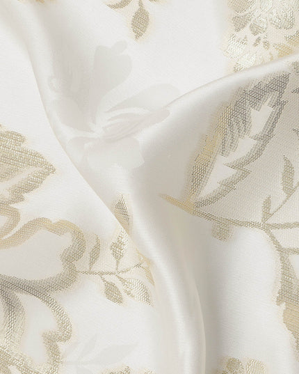 Ivory White Premium Pure silk Satin Fabric with Jacquard metallic, 110 Cms, India-D26906