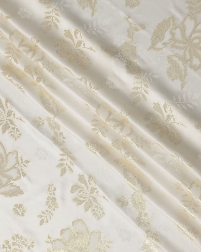 Ivory White Premium Pure silk Satin Fabric with Jacquard metallic, 110 Cms, India-D26906