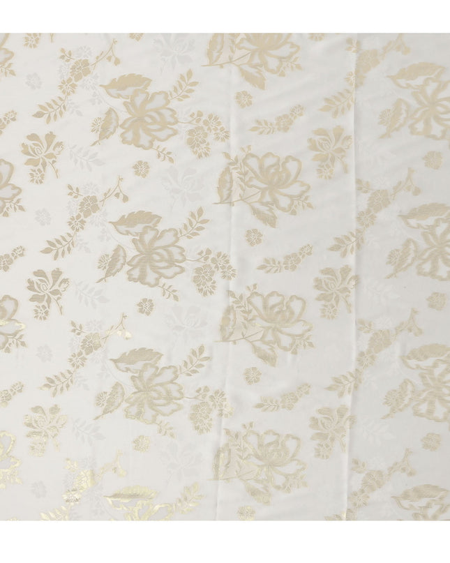 Ivory White Premium Pure silk Satin Fabric with Jacquard metallic, 110 Cms, India-D26906