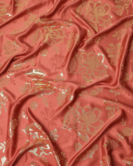 Coral Red Premium Pure silk Satin Fabric with Jacquard metallic, 110 Cms, India-D26901