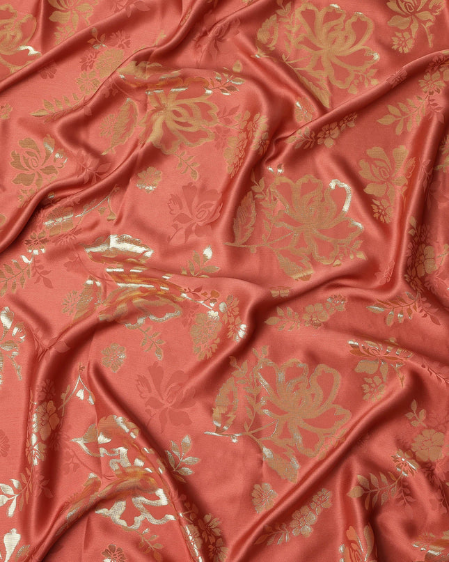 Coral Red Premium Pure silk Satin Fabric with Jacquard metallic, 110 Cms, India-D26901