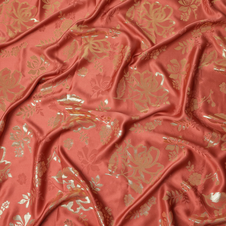 Coral Red Premium Pure silk Satin Fabric with Jacquard metallic, 110 Cms, India-D26901