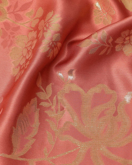 Coral Red Premium Pure silk Satin Fabric with Jacquard metallic, 110 Cms, India-D26901