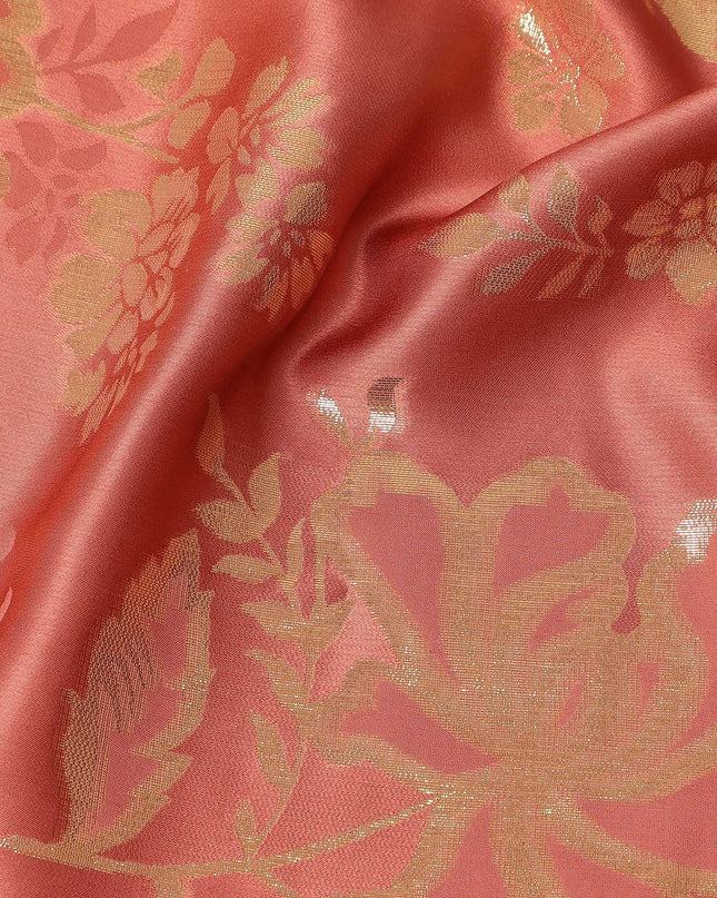 Coral Red Premium Pure silk Satin Fabric with Jacquard metallic, 110 Cms, India-D26901