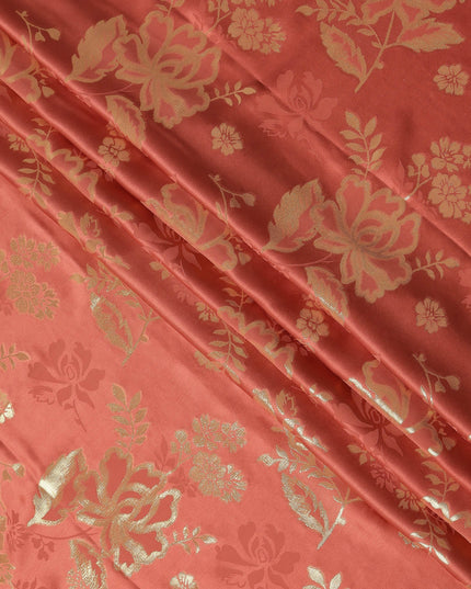 Coral Red Premium Pure silk Satin Fabric with Jacquard metallic, 110 Cms, India-D26901