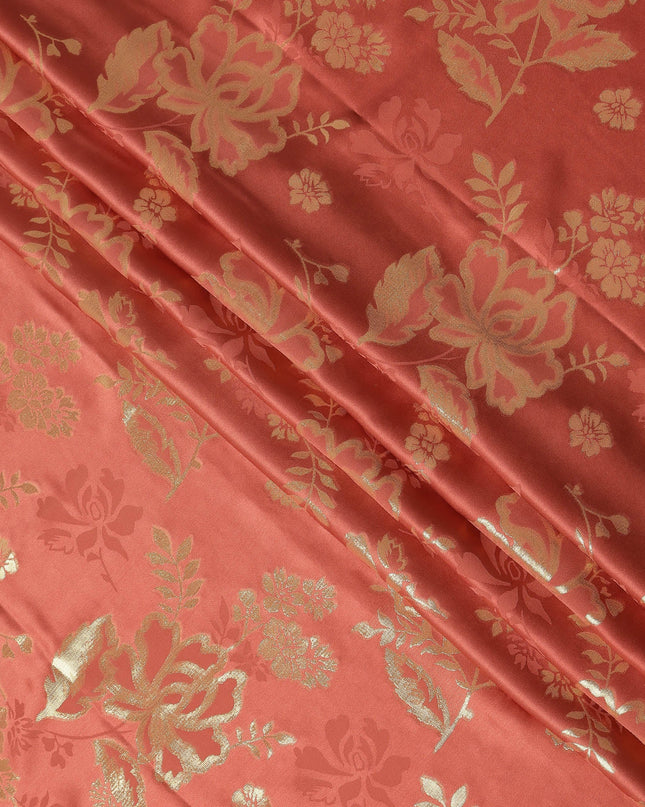 Coral Red Premium Pure silk Satin Fabric with Jacquard metallic, 110 Cms, India-D26901