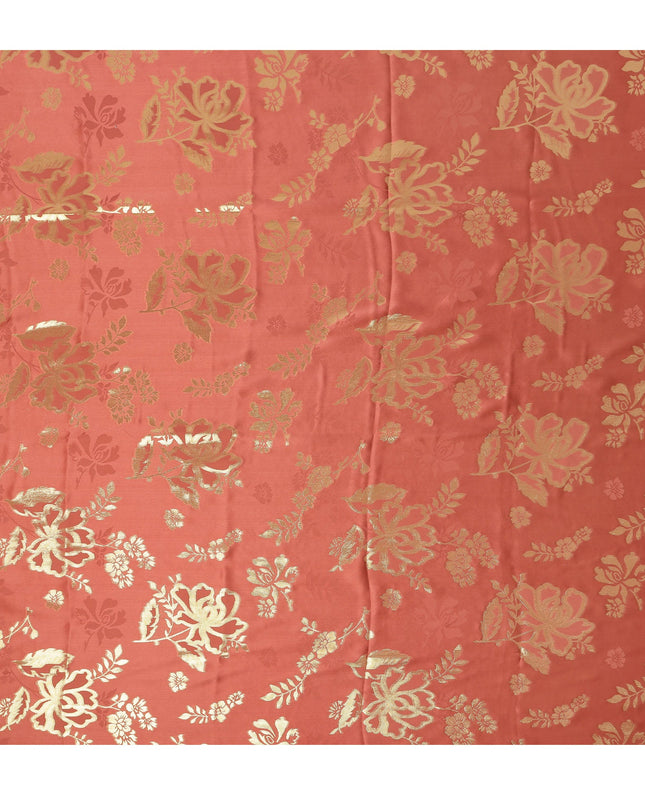 Coral Red Premium Pure silk Satin Fabric with Jacquard metallic, 110 Cms, India-D26901