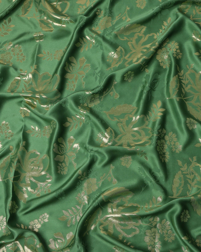 Emerald Green Premium Pure silk Satin Fabric with Jacquard metallic, 110 Cms, India-D26904