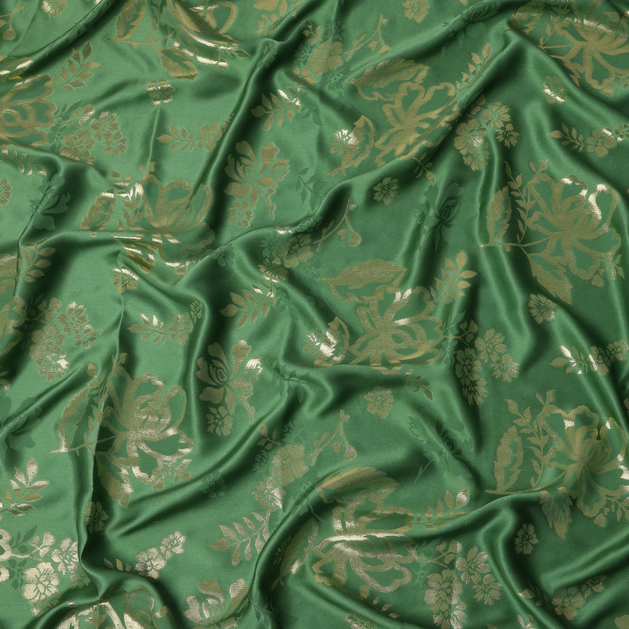 Emerald Green Premium Pure silk Satin Fabric with Jacquard metallic, 110 Cms, India-D26904