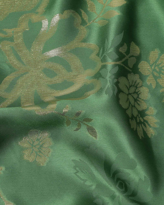 Emerald Green Premium Pure silk Satin Fabric with Jacquard metallic, 110 Cms, India-D26904