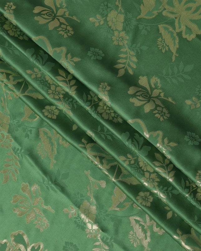 Emerald Green Premium Pure silk Satin Fabric with Jacquard metallic, 110 Cms, India-D26904