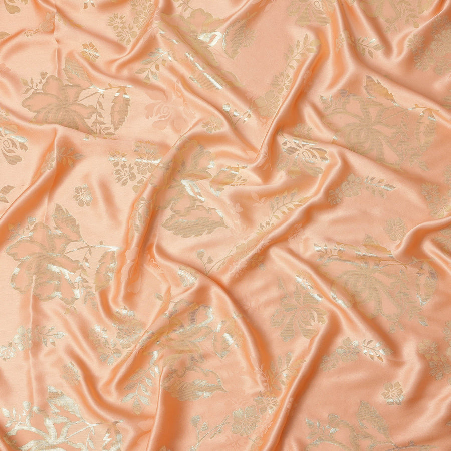 Peach Premium Pure silk Satin Fabric with Jacquard metallic, 110 Cms, India-D26899