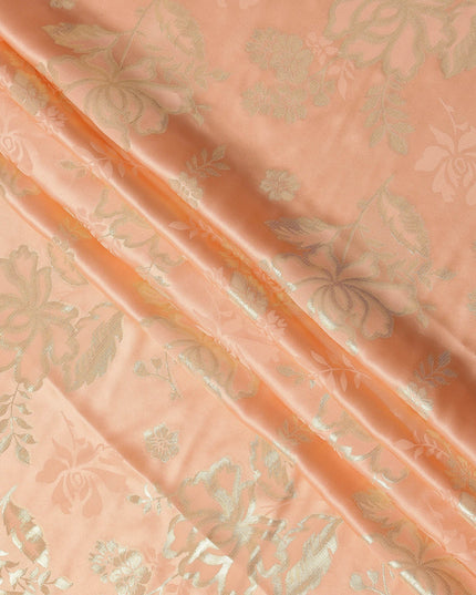 Peach Premium Pure silk Satin Fabric with Jacquard metallic, 110 Cms, India-D26899
