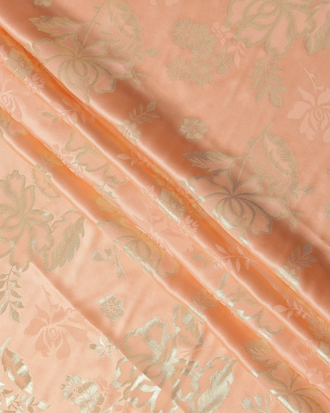 Peach Premium Pure silk Satin Fabric with Jacquard metallic, 110 Cms, India-D26899