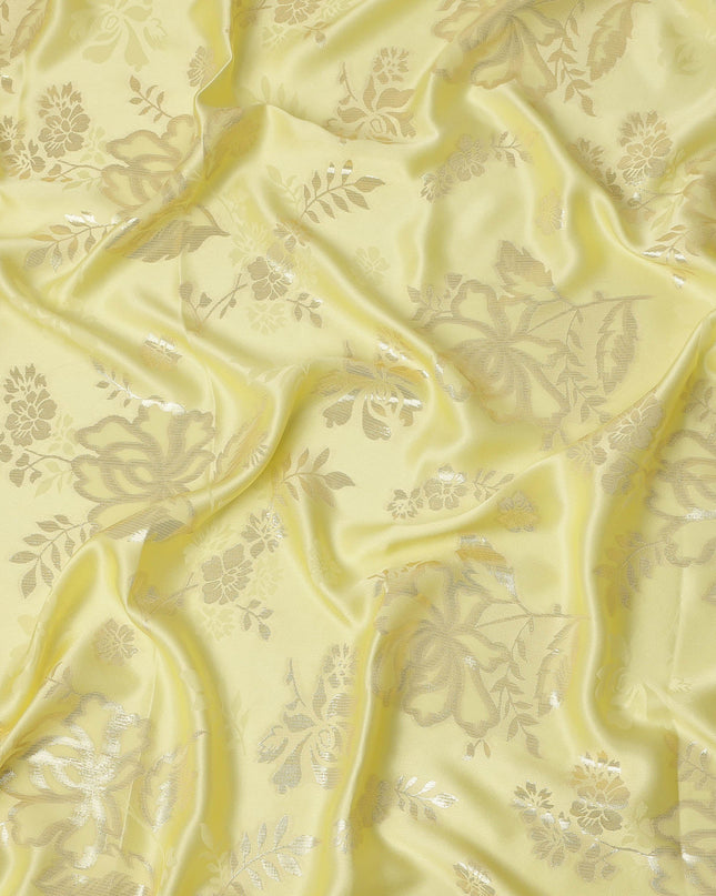 Lemon Yellow Premium Pure silk Satin Fabric with Jacquard metallic, 110 Cms, India-D26903