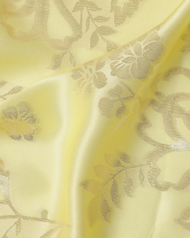 Lemon Yellow Premium Pure silk Satin Fabric with Jacquard metallic, 110 Cms, India-D26903