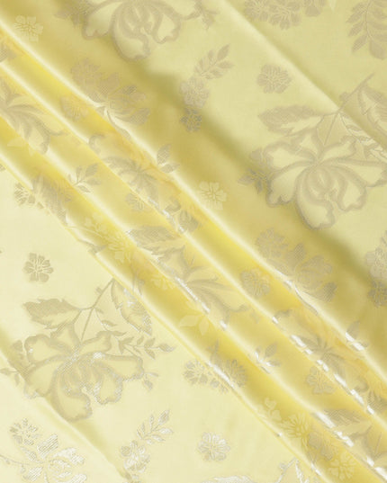 Lemon Yellow Premium Pure silk Satin Fabric with Jacquard metallic, 110 Cms, India-D26903