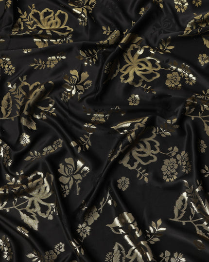 Black Premium Pure silk Satin Fabric with Jacquard metallic, 110 Cms, India-D26902