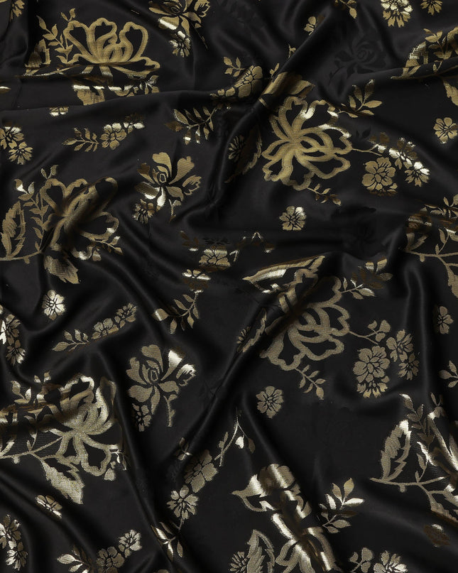 Black Premium Pure silk Satin Fabric with Jacquard metallic, 110 Cms, India-D26902