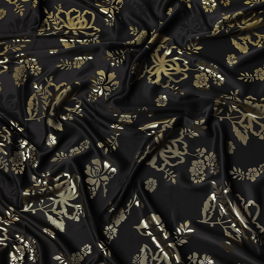 Black Premium Pure silk Satin Fabric with Jacquard metallic, 110 Cms, India-D26902