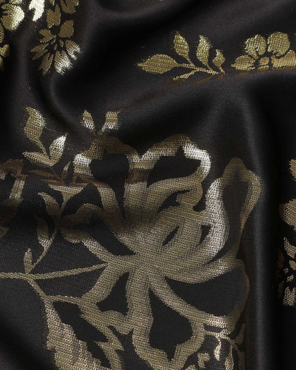 Black Premium Pure silk Satin Fabric with Jacquard metallic, 110 Cms, India-D26902