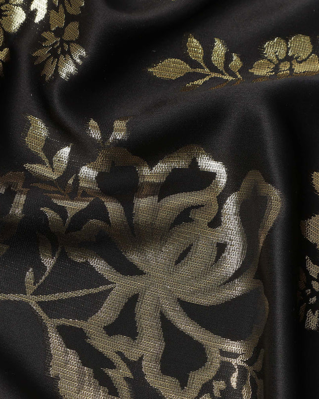 Black Premium Pure silk Satin Fabric with Jacquard metallic, 110 Cms, India-D26902