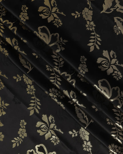 Black Premium Pure silk Satin Fabric with Jacquard metallic, 110 Cms, India-D26902