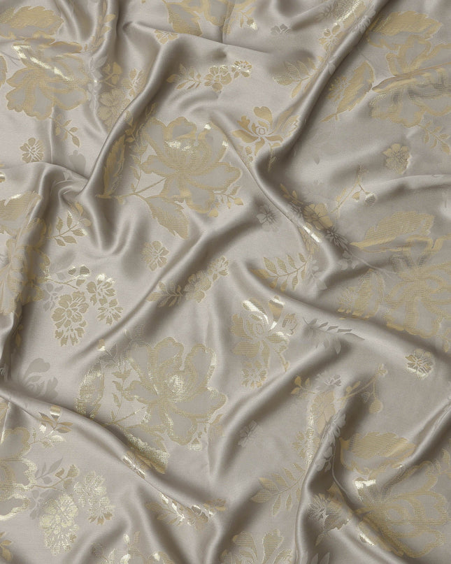 Silver Grey Premium Pure silk Satin Fabric with Jacquard metallic, 110 Cms, India-D26907