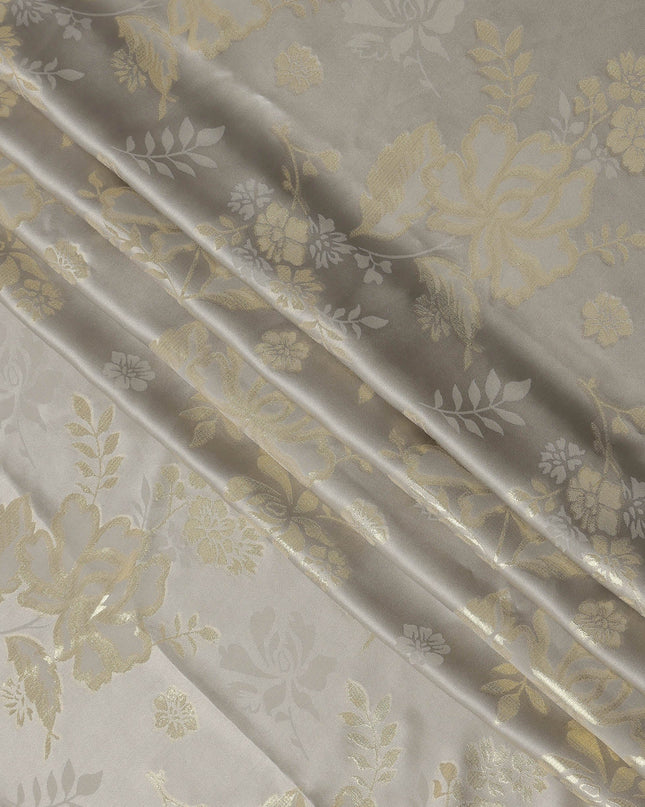Silver Grey Premium Pure silk Satin Fabric with Jacquard metallic, 110 Cms, India-D26907