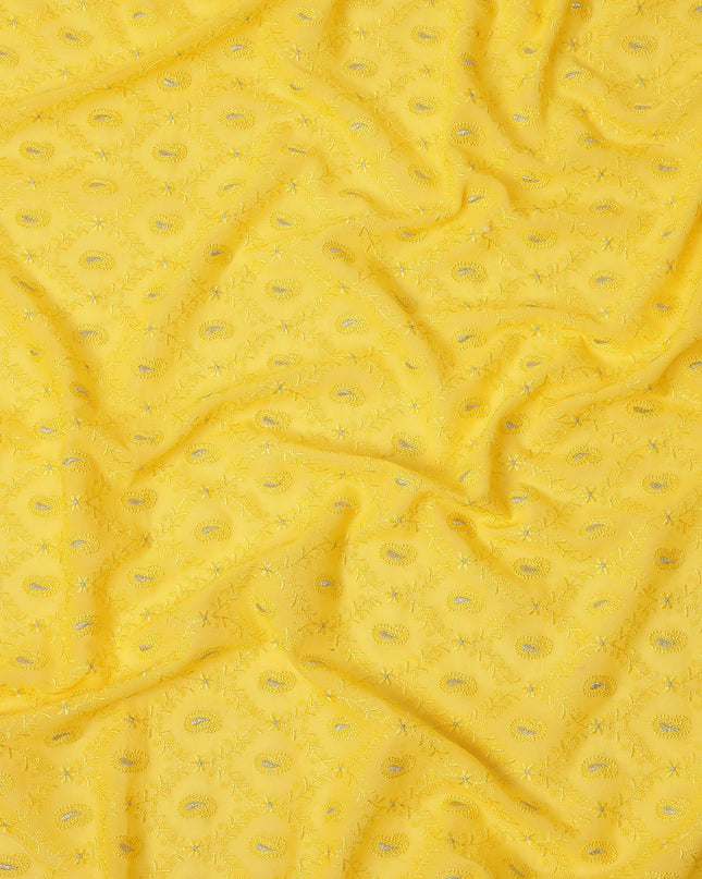 Yellow Self Embroidered Paisley Motif Viscose Cotton Fabric 110 Cms India-D27020