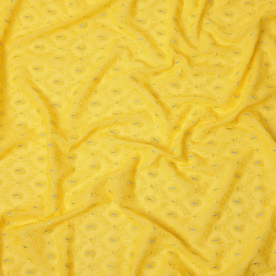 Yellow Self Embroidered Paisley Motif Viscose Cotton Fabric 110 Cms India-D27020 - Regal Fabrics