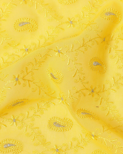 Yellow Self Embroidered Paisley Motif Viscose Cotton Fabric 110 Cms India-D27020 - Regal Fabrics